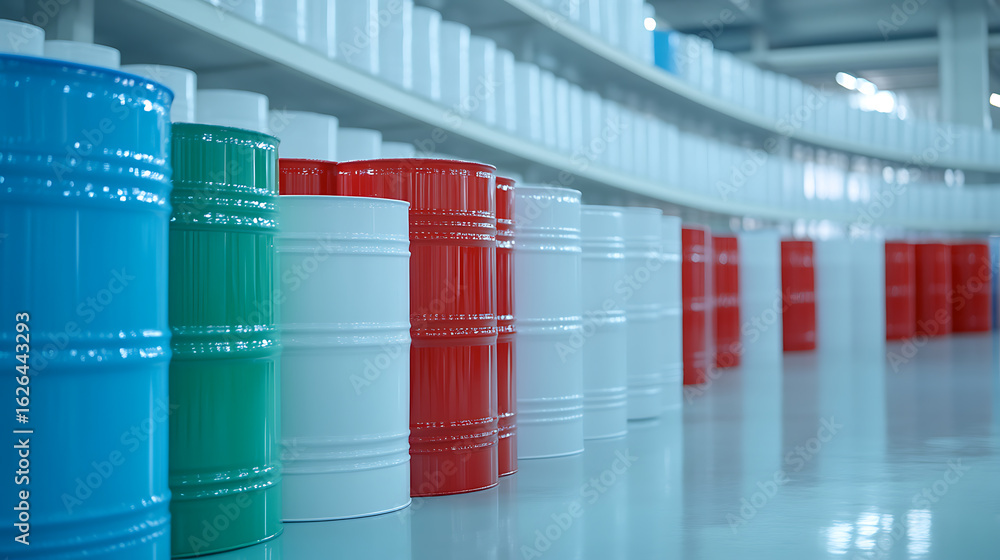 Poster a colorful row of containers lined up on a shelf. they are in the colors of blue, green, white and r