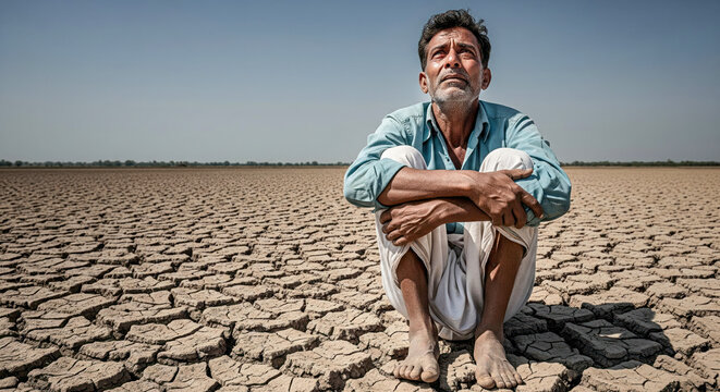 old Indian farmer sitting alone on a cracked, barren land, symbolizing drought and climate crisis - Powered by Adobe