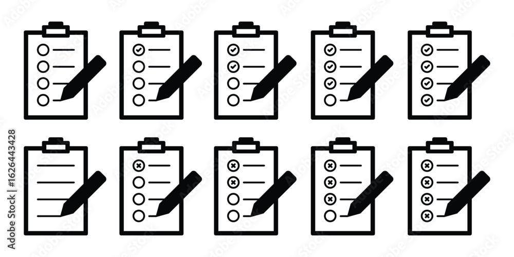 Poster checklist icons set big collection. task, survey, tick mark ui symbols. document icon vector. contai
