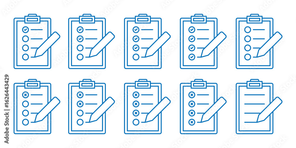 Poster clipboard checklist icon set. blue checklist vector icon. containing clipboard with checkmark, docum