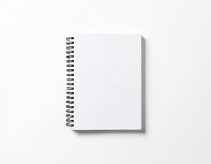 Blank spiral notebook resting on white background. Square design, minimalist layout, new unused item. No text markings on page, black spiral binding holds pages together. Suitable for writing,