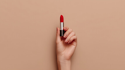 Female hand holding red lipstick against beige background, showcasing beauty product and elegance concept for cosmetics advertisement