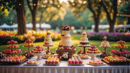 Elegant dessert table with cakes and macarons, perfect for a wedding reception.