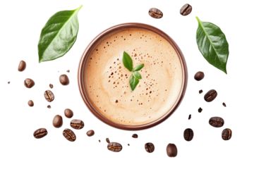 Frothy coffee cup with coffee beans and leaves overhead shot
