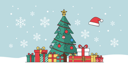 Christmas Tree with Gifts and Snowflakes