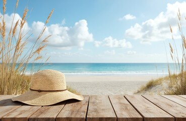 Obraz premium Tranquil beach scene with wooden table on sandy shore. Straw hat rests on weathered table surface. Ocean, sky blend at horizon, with clouds scattered across blue expanse. Sandy beach, grassy dunes