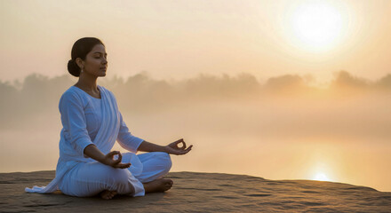 Fototapeta premium young Indian woman meditating in the lotus position on a rock at sunrise, symbolizing peace, yoga, and spirituality