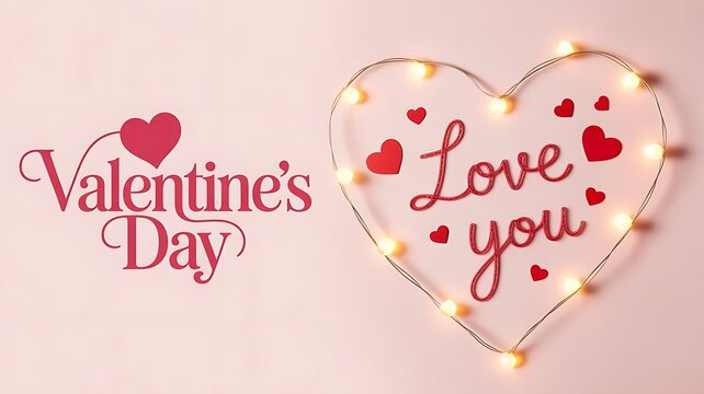 Valentines Day message with heart shaped string lights and love you text