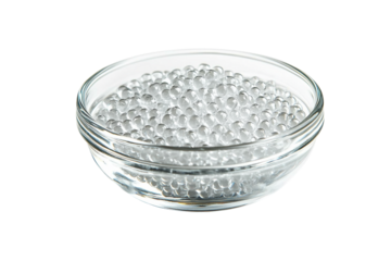 Clear glass bowl filled with small translucent white silica gel