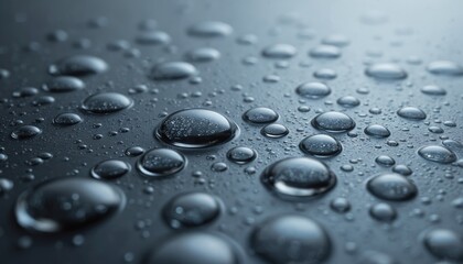 Close-up of water droplets with varied sizes, colors. Grey circles, black spots on dark grey background with light blue accents. Small, round shapes create intricate details. Moisture, optical