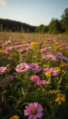 Fototapeta premium Vibrant pink flowers with yellow accents stretch towards horizon, framed by serene light blue sky and lush green trees. Summer blooms in field of daisy-like flowers. Colorful flowers in meadow.
