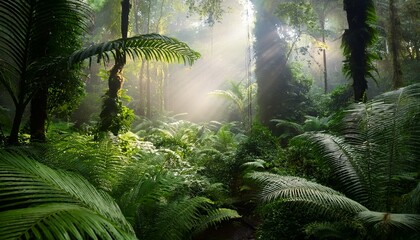 exploring a lush prehistoric jungle filled with giant ferns and vibrant greenery under soft sunlight and misty atmosphere