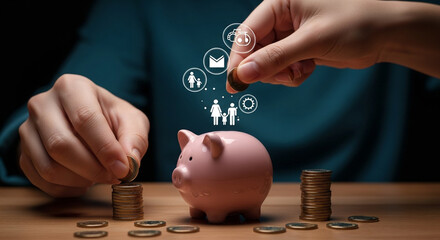 Hyperrealistic Close-Up Microphotography of Hands Inserting a Coin into a Piggy Bank with Glowing Family Icons Floating Above, Symbolizing Financial Security and Saving for Loved Ones