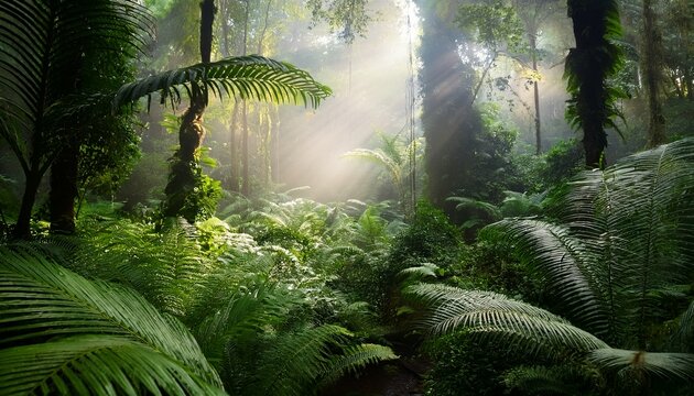 exploring a lush prehistoric jungle filled with giant ferns and vibrant greenery under soft sunlight and misty atmosphere