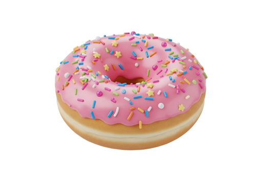 A pink glazed donut with colorful sprinkles.