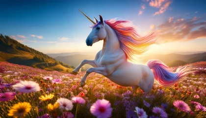 Wandcirkels Eenhoorn colorful unicorn prancing joyfully through field of flowers surrounded by magical atmosphere and soft sunlight scene evokes sense of wonder and happiness  © Jaxon