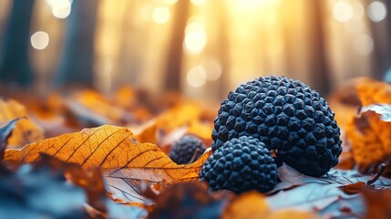 Dark orbs nestled in autumn leaves, sunlit forest floor