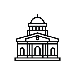 A simple black and white line art icon of a neoclassical building featuring a dome, portico, and arched windows.