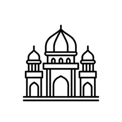 A black and white outline icon depicting a grand building with a central dome and two flanking minarets, representing Islamic architecture.