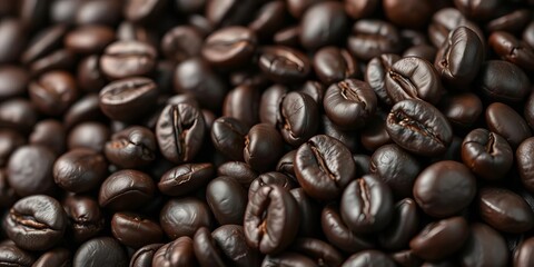 Fototapeta premium Dark, oily roasted coffee beans close-up, showcasing rich texture, drink, dark roast