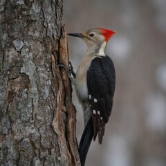 Obraz premium Male woodpecker perches confidently on weathered tree trunk in winter. Vibrant red crest on head, white and black feathers on chest and tail. Bird strong beak grasps tree bark, facing right.