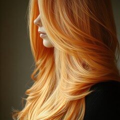Naklejka premium Long, wavy orange hair creates a striking contrast with the background