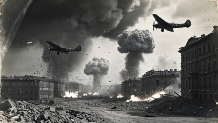 Dramatic black and white image of a city under attack during wartime, planes overhead.