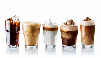 array of assorted coffee drinks in glassware with foam crema and ice on white background