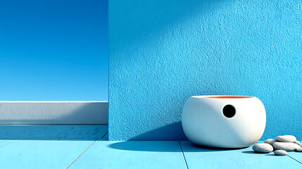 Minimalist poolside scene with white pot and pebbles