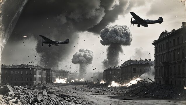 Dramatic black and white image of a city under attack during wartime, planes overhead.