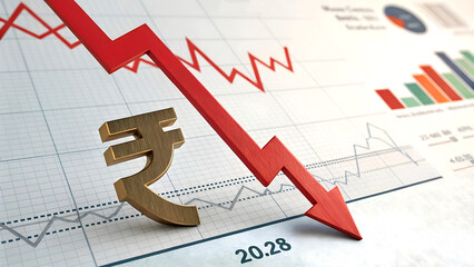 Indian Rupee symbol plunges with red arrow indicating financial crisis and market crash