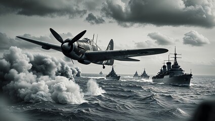 A historic aerial battle scene with an airplane and a fleet of warships at sea.