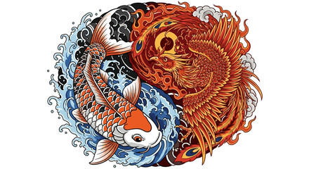 Symbolic Yin Yang Harmony of Koi Fish and Fiery Phoenix