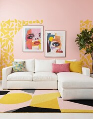 Modern living room with pink accent wall featuring three abstract paintings. White sofa with pink throw pillow, gray rug in geometric pattern on floor. Natural light from window illuminates room.