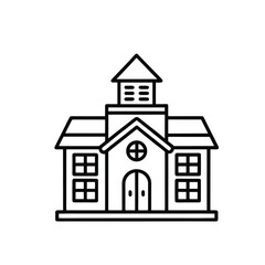 A black and white line drawing of a two-story building with a central tower, arched double doors, and multiple windows, resembling a school or public institution.