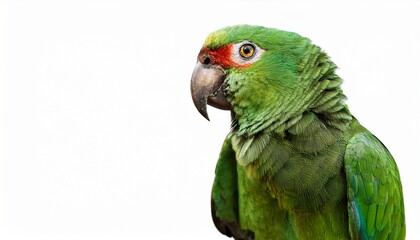 a vibrant green parrot perched on a branch against a white background