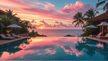 A breathtaking sunset view over an infinity pool at a tropical resort