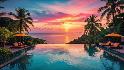 Fototapeta premium A mesmerizing sunset paints the sky over a luxurious infinity pool and ocean vista.