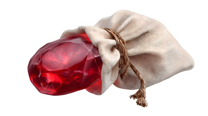 Ruby in burlap sack, isolated on transparent background