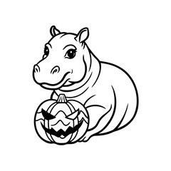 A cute cartoon hippopotamus sits next to a carved Halloween pumpkin with a spooky, grinning face.