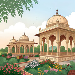 Flat illustration of Mughal-style garden pavilions  generative ai