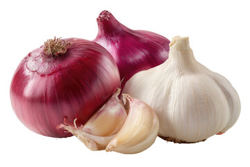 Close-up of red onions and garlic. Two whole red onions, vibrant purple-red, and a head of garlic, white, with cloves separated, rest together