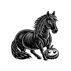 A black and white illustration of a horse standing beside a carved Halloween pumpkin with a spooky face.