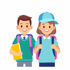 Two students boy and girl wearing backpacks and smiling preparing for school and education