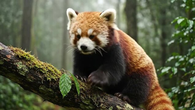 AI-generated illustration of a curious red panda sitting on a mossy branch in a lush, green forest