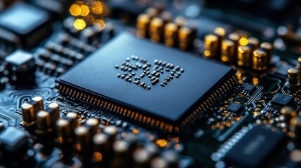 Close up view of a computer chip revealing complex circuitry under warm lighting