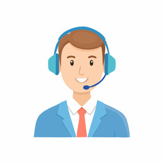 Male customer service representative wearing a headset and suit smiling.