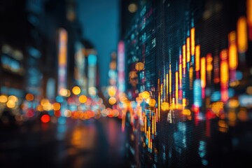 Analyzing Stock Market Data on Screen with Cityscape Bokeh Background. MZ 