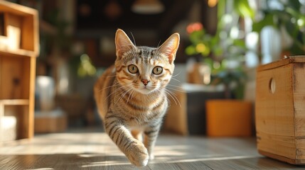 A playful tabby cat walks through a sunlit room adorned with greenery and wooden decor