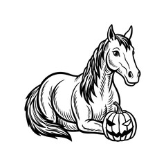 Black and white illustration of a horse resting next to a carved Halloween pumpkin.